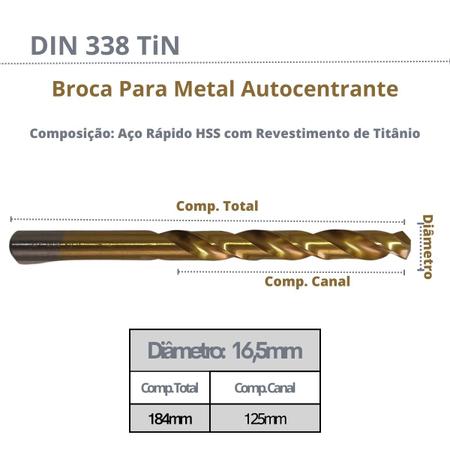 Imagem de Broca Aço Rápido HSS Milímetro Autocentrante DIN 338 Titânio Medida:16,50mm