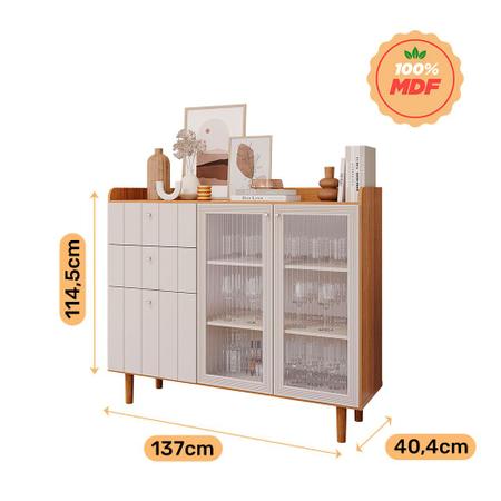 Imagem de Buffet Armario 2 Portas com Vidro Canelado Lena Cimol Nature/Off White - 100% MDF