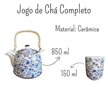 Conjunto de Chá com Bule, Infusor e 6 copos em Porcelana – Peôneas Azul e  Branco