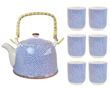 Conjunto de Chá com Bule, Infusor e 6 copos em Porcelana – Peôneas Azul e  Branco