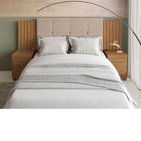 Imagem de Cabeceira Ripada Estofada para cama box casal/Queen/king RV Móveis Suíça com 02 mesas de cabeceira com tomada cinamomo