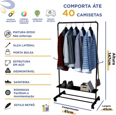 Imagem de Cabideiro Arara de  Roupas Aço Sapateira com Rodinhas 