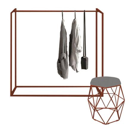 Imagem de Cabideiro Arara de roupas Maya 150cm Closet Loja e Puff Luna Ferro Bronze material sintético Cinza - Ahazzo Móveis