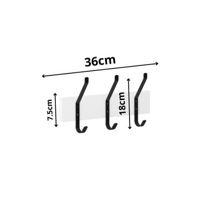 Imagem de Cabideiro de Madeira  Dublo Branco com 3 Ganchos Pretos Grande