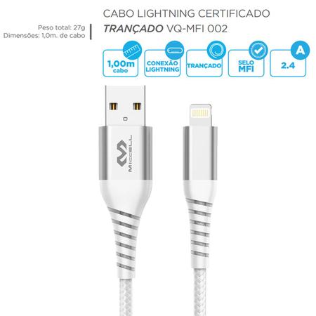 Cabo Carregador Lightning Certificado MFI Trançado 1M Branco Letron - Leonora Imagem de Cabo Carregador Lightning Certificado MFI Trançado 1M Branco Letron