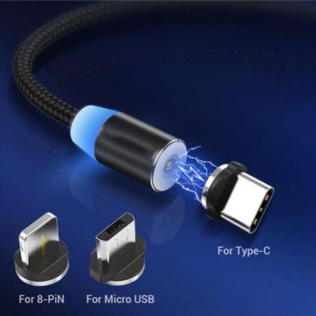 Imagem de Cabo Carregador Magnético Led 3 em 1 Lightning Micro USB Tipo C Smartphone