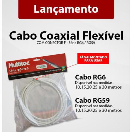 Imagem de Cabo Coaxial Flexível com Conector F RG59 15 Metros Multitoc