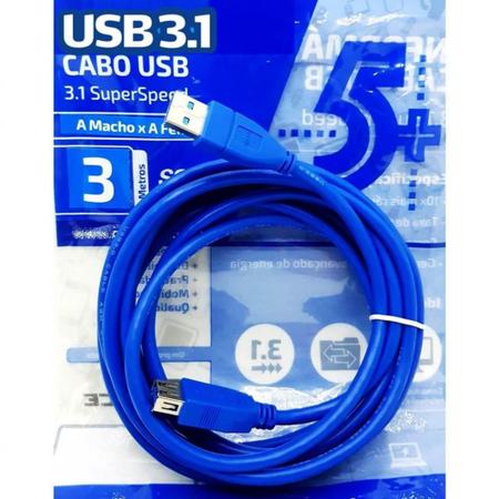 Imagem de Cabo Extensor USB 3.1 Macho E Fêmea Super Velocidade De Dados Para PC Notebook 3 Metros 0187723