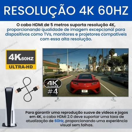 Imagem de Cabo Hdmi 5m Metros 2.0 Jogos Tv Monitor 60hz Ultra Hd 4k 3d