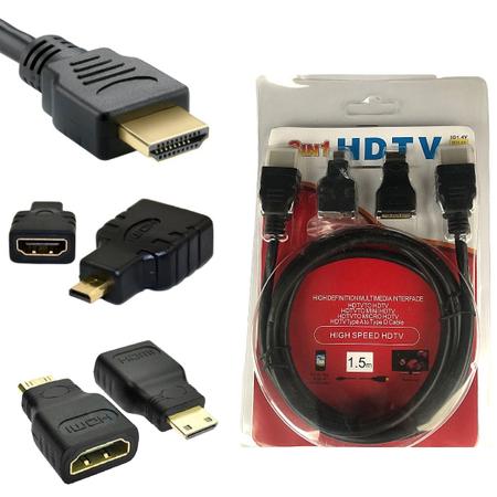 Cabo HDMI, Mini HDMI e Micro HDMI 1.5m 3 em 1 Preto - S / M - Cabo
