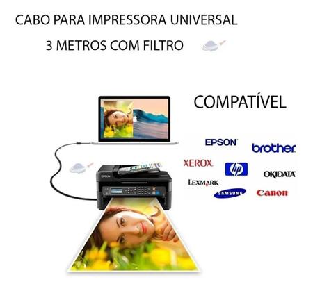 Imagem de Cabo Impressora Usb 2.0 3m Universal Epsn Can0n H p Deskjet 2376