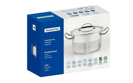 Imagem de Caçarola tramontina professional rasa em aço inox fundo triplo com tampa plana detalhe satinado 16 cm 1.4 l