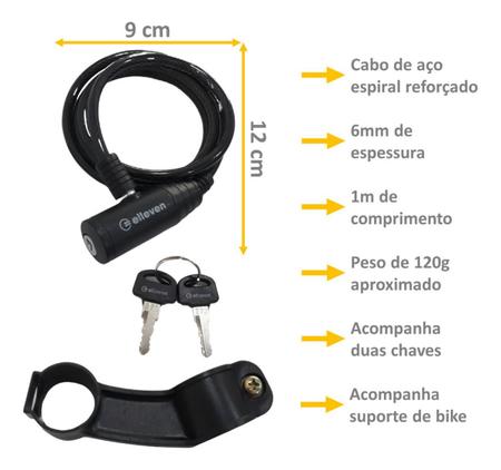 Imagem de Cadeado Bicicleta Elleven Cabo Aço Bike Revestido 1mt X 6mm Chave