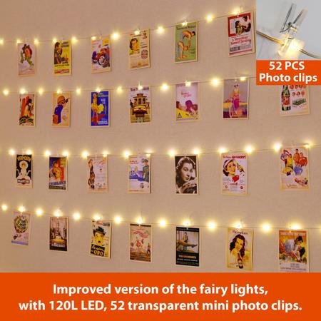 Imagem de Cadeia de fotos Fairy Light HXWEIYE 120LEDs de 12 m com clipes e gancho