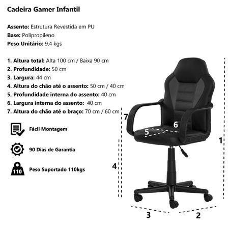 Cadeira Gamer Infantil Giratória Preta com Vermelho Altura Ajustável Rodas  Anti Risco - Cadeira Gamer - Magazine Luiza