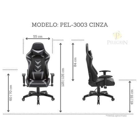 Imagem de Cadeira Gamer Pelegrin em Couro PU Reclinável PEL-3003 Preta e Cinza