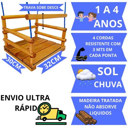 Imagem de Cadeirinha De Balanço Infantil Madeira Corda Em Nylon 3 Mts