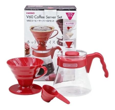 Imagem de Cafeteira Hario V60 Vcsd-02 Manual Vermelha de Filtro, Conjunto Jarra com Alça, Suporte, Colher de Medida  + 40 filtros