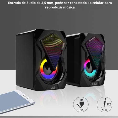 Caixa de Som Pc Gamer LED Chroma Jogos Musicas e Filmes Computador Notebook  TV Tablet USB P2 5W RMS