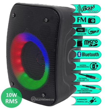 Imagem de Caixa de Som 10W RMS Luzes RGB Rádio MP3 FM Bluetooth Entrada Microfone Micro SD Auxiliar D3140