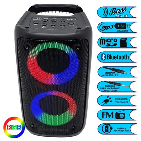 Imagem de Caixa de Som 15W Rádio FM Bluetooth Entrada Microfone e Auxiliar Luz RGB Lindo Efeito KA8910