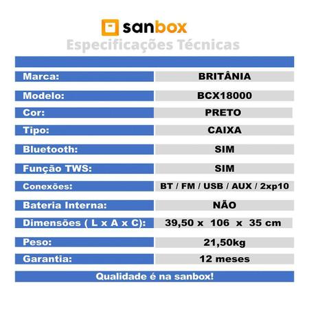 Imagem de Caixa de Som Britânia BCX18000 Bluetooth 1700W Preto