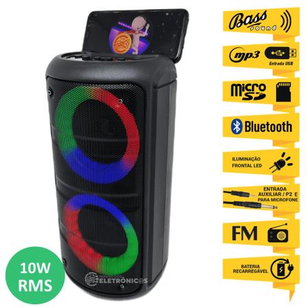 Imagem de Caixa de Som Torre Receptor 10W Rádio FM Bluetooth Entrada Microfone e Auxiliar Luz RGB D4233