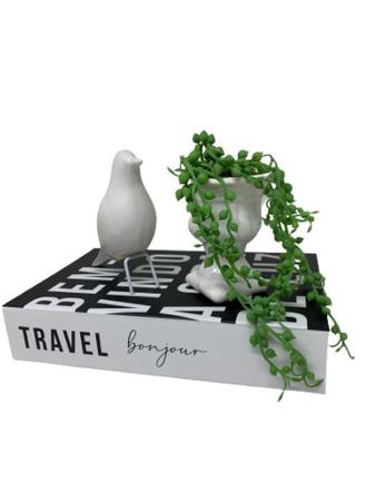 Imagem de Caixa livro decorativo grande Travel Bonjour, pássaro branco de cerâmica e vaso pedestal com suculenta