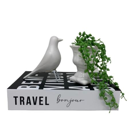 Imagem de Caixa livro decorativo grande Travel Bonjour, pássaro branco de cerâmica e vaso pedestal com suculenta