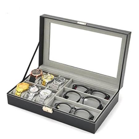 Imagem de Caixa maleta estojo porta 6 relogios e 3 oculos organizadora com chave e visor em vidro luxo