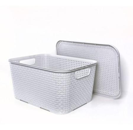 Imagem de Caixa Organizadora Cesto Organizador Rattan com Tampa 20L Multiuso Empilhvel Branco Arqplast