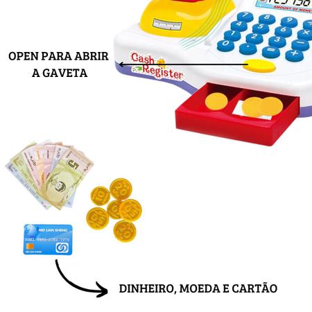 Imagem de Caixa Registradora Maquina Brinquedo Infantil Com Carrinho Compras Mercado E Acessórios