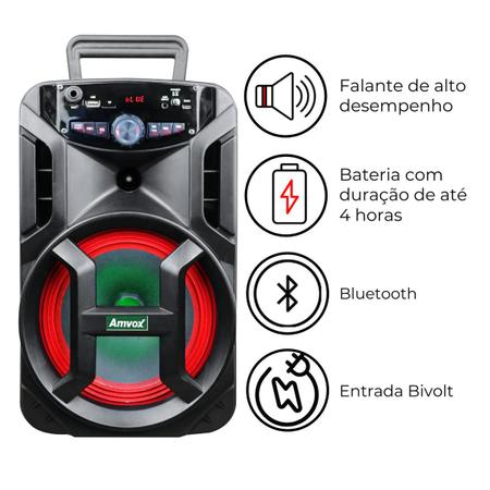 Imagem de Caixa Som Amplificada 180W Rms Potente Com Bluetooth Entrada Usb Fm Led ACA188  Amvox