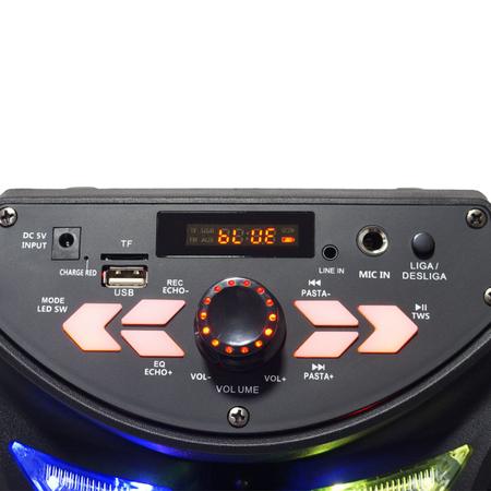 Imagem de Caixa Som Amplificada Portátil Bluetooth 250W Rms Mp3 Fm Usb Led Bateria Amvox Aca 255 Hit Microfone