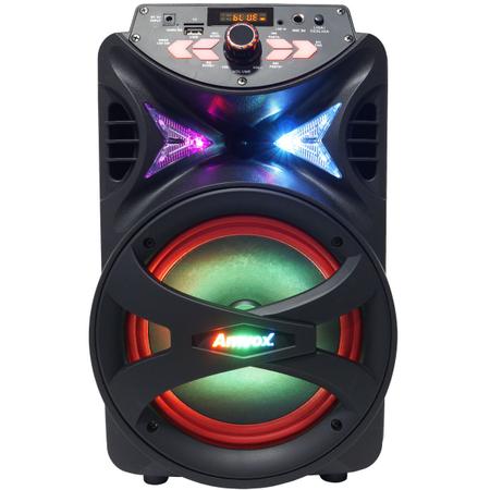 Imagem de Caixa Som Amplificada Portátil Bluetooth 250W Rms Mp3 Fm Usb Led Bateria Amvox Aca 255 Hit Microfone