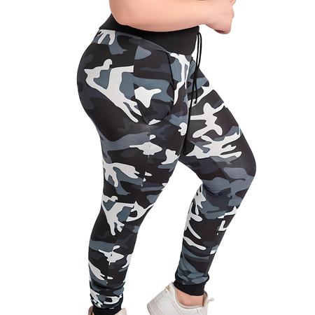 Cal a feminina cintura alta bolsos laterais ajuste camuflada