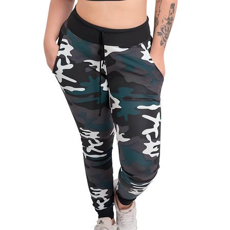 Cal a feminina cintura alta bolsos laterais ajuste camuflada