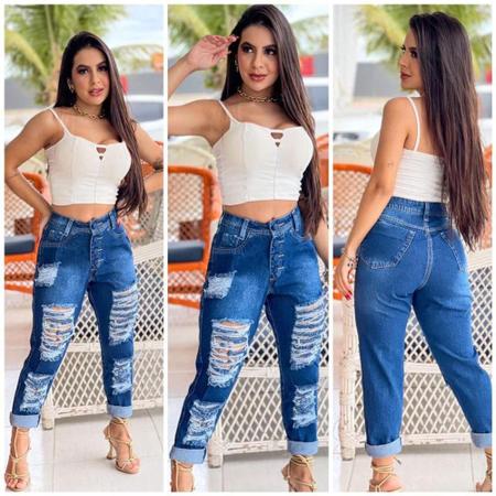 calça Feminina jeans mom destroyed rasgada moda blogueira - CDM