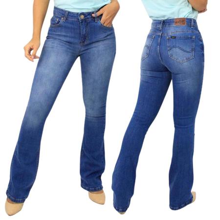 Imagem de Calça Feminina Lee Oficial Jeans Premium Costura Reforçada Azul Claro Hoxie Premium Strech Cintura Alta Flare Dewi Ref:3411L