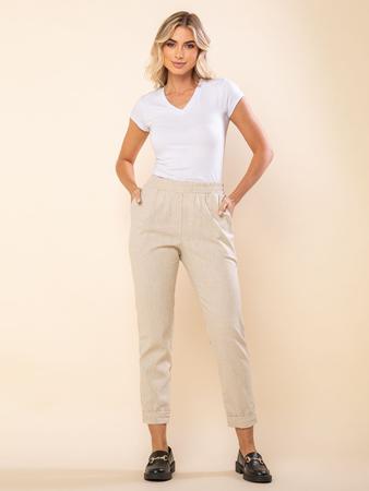 Calça feminina em linho e viscose com best sale bolsos