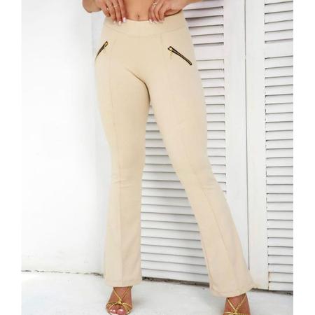 Calça flare malha crepe bolso com zíper moda elegante feminina