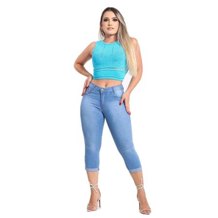 Calça Capri Feminina Jeans Com Licra Cintura Alta Com Efeito
