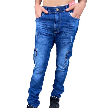 Calça de brim com bolso best sale lateral