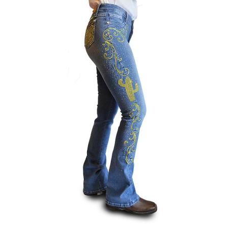 Cal a Jeans Country Feminina Flare Azul Cintura Alta Bordada