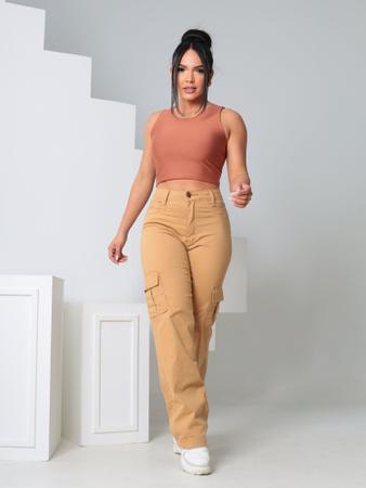 Cal a Jeans Feminina Bege Escuro Cargo Bolsos Laterais Wide Leg
