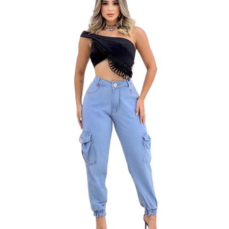 Pokiha-Calça jeans feminina de cintura alta, bolsos laterais