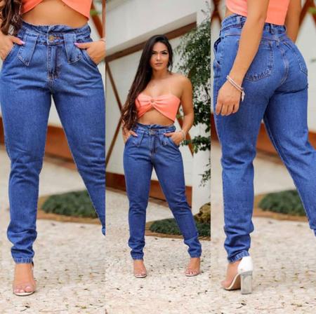 Calça Jeans Feminina Mon Cintura Alta Azul Escuro Detalhe Passante