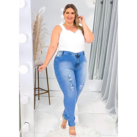 Cal a Jeans Feminina Plus Size Skinny Rasgada Azul Claro Super