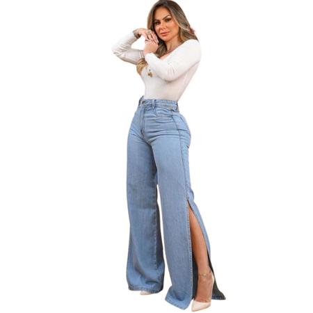 Imagem de Calça Jeans Feminina Wide Leg Luxe Com Fendas Nas Laterais