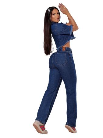 Calça Jeans Feminina Wide Leg Over Size Reta Azul Escuro Basica